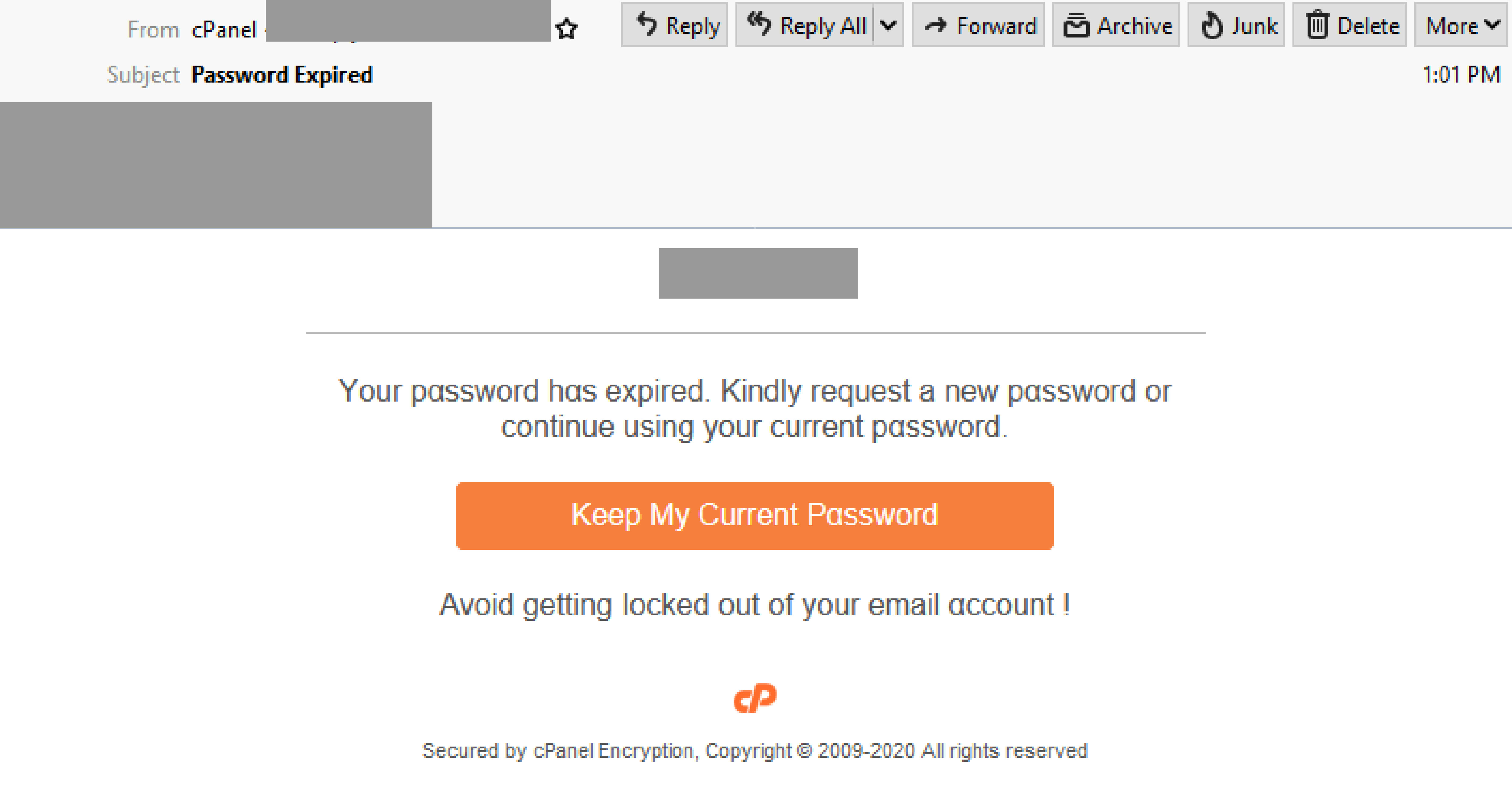 Phishing email employing cPanel branding claims your password has expired